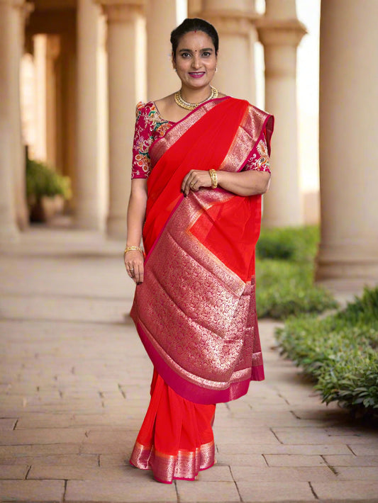 Georgette Chiffon (Contrast, Grand Pallu and Brocade Blouse)