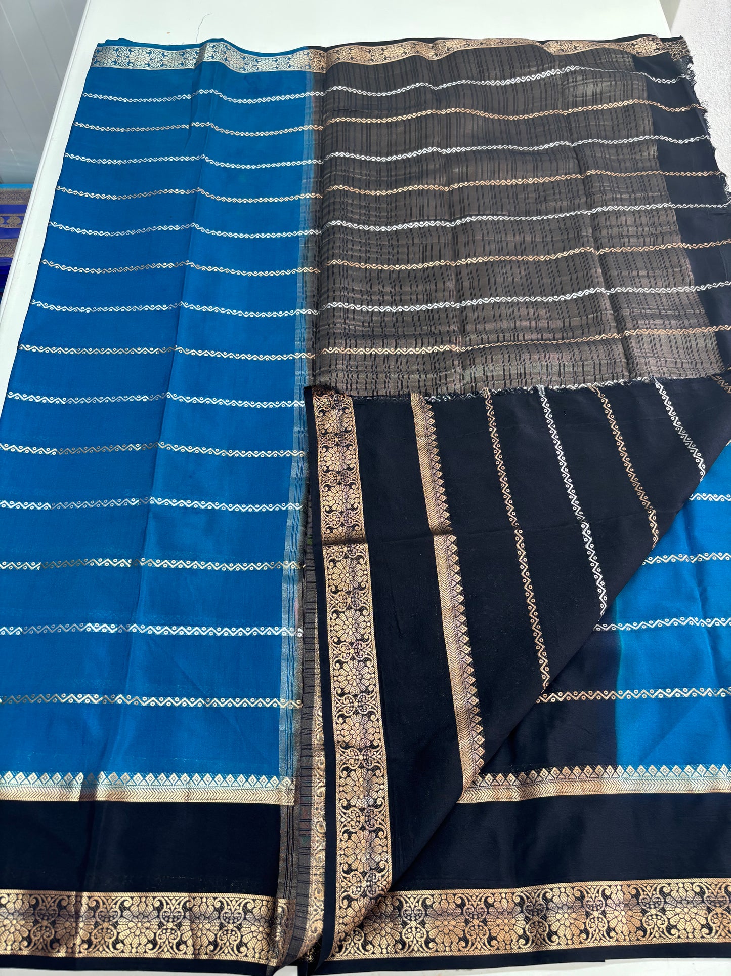 Semi Mysore Crepe (Gold, Silver Horizontal Lines & SS Bentex Border)