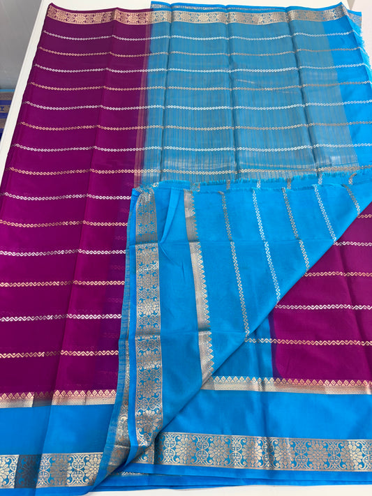 Semi Mysore Crepe (Gold, Silver Horizontal Lines & SS Bentex Border)