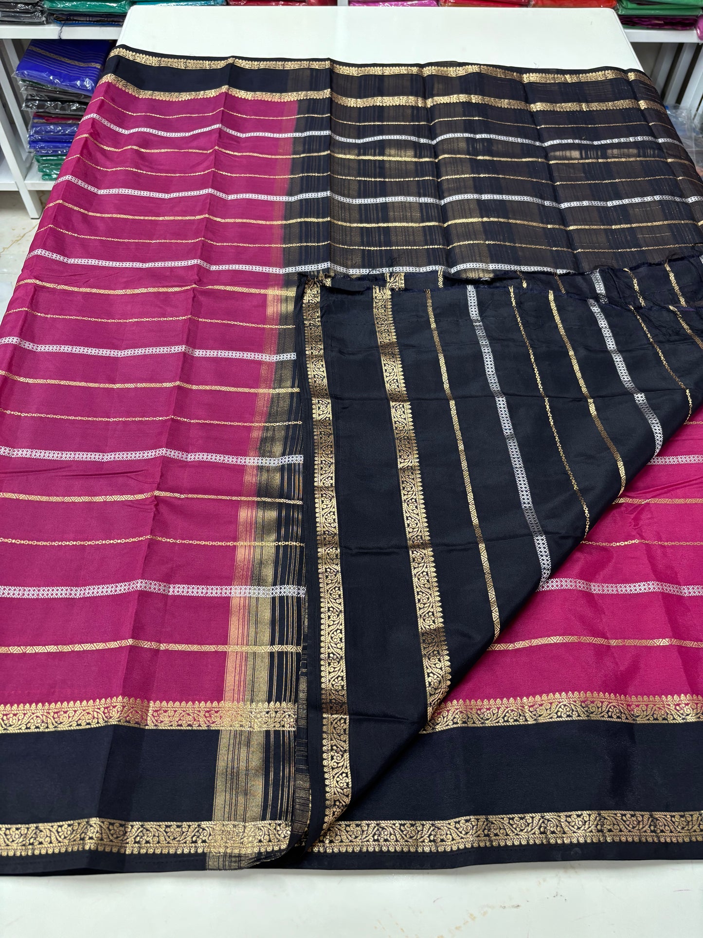 Semi Mysore Crepe (Gold, Silver Horizontal Lines & Bentex Border)