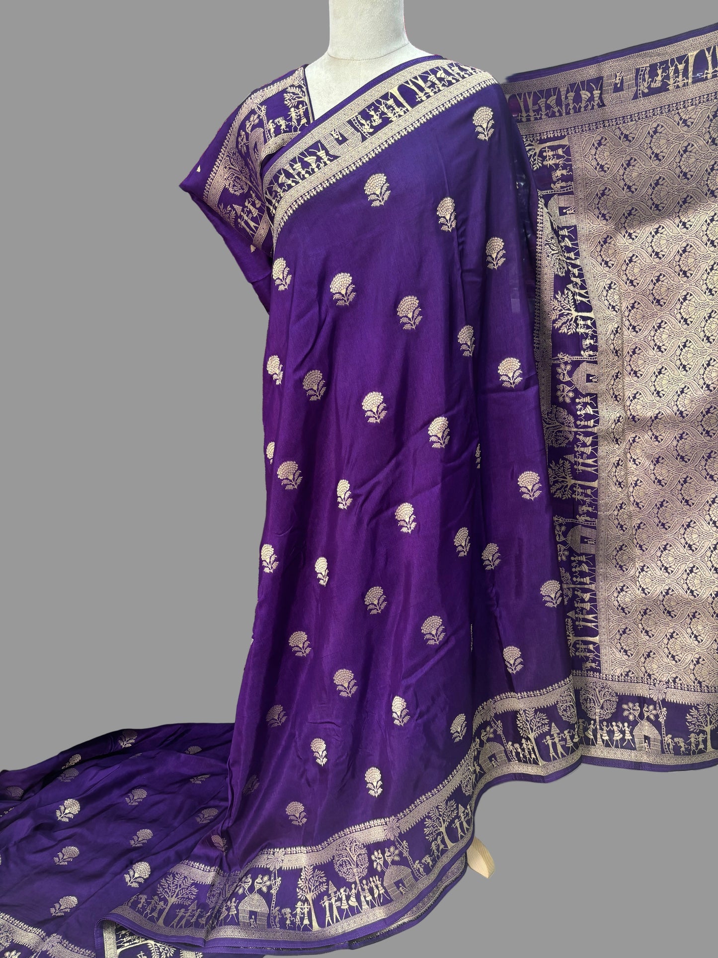 Banarasi Viscose Saree (Floral Motifs Body, Warli Art Border)
