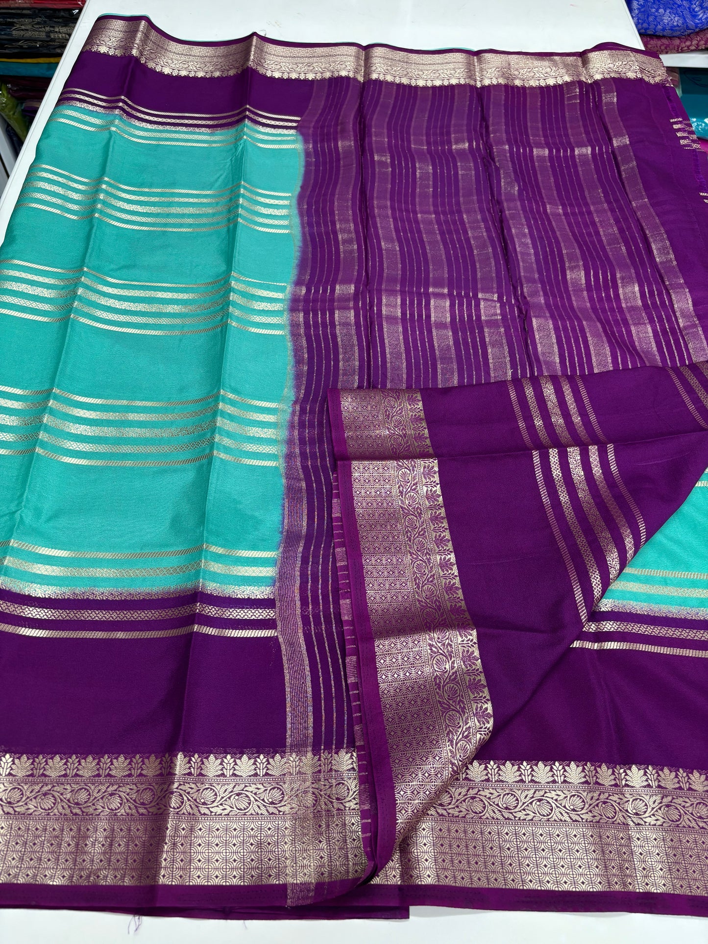Semi Mysore Crepe (2D Premium, Horizontal Lines and Medium Sized Border)