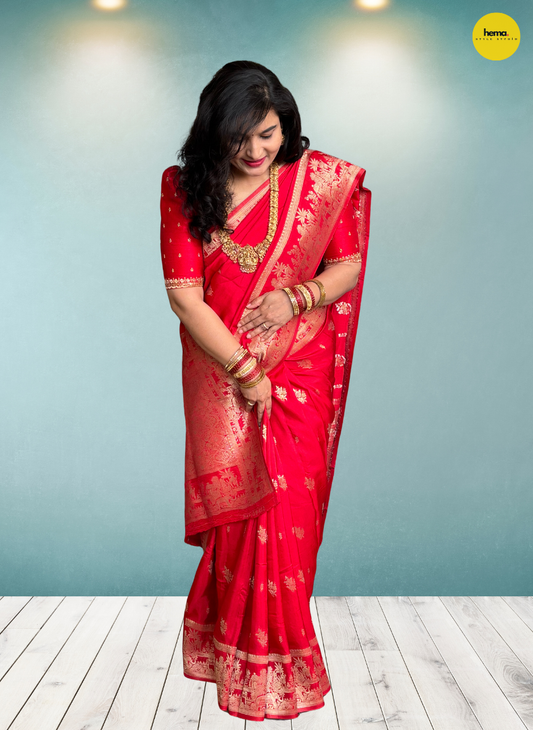 Banarasi Viscose Saree (Floral Motifs, Elephant Border)