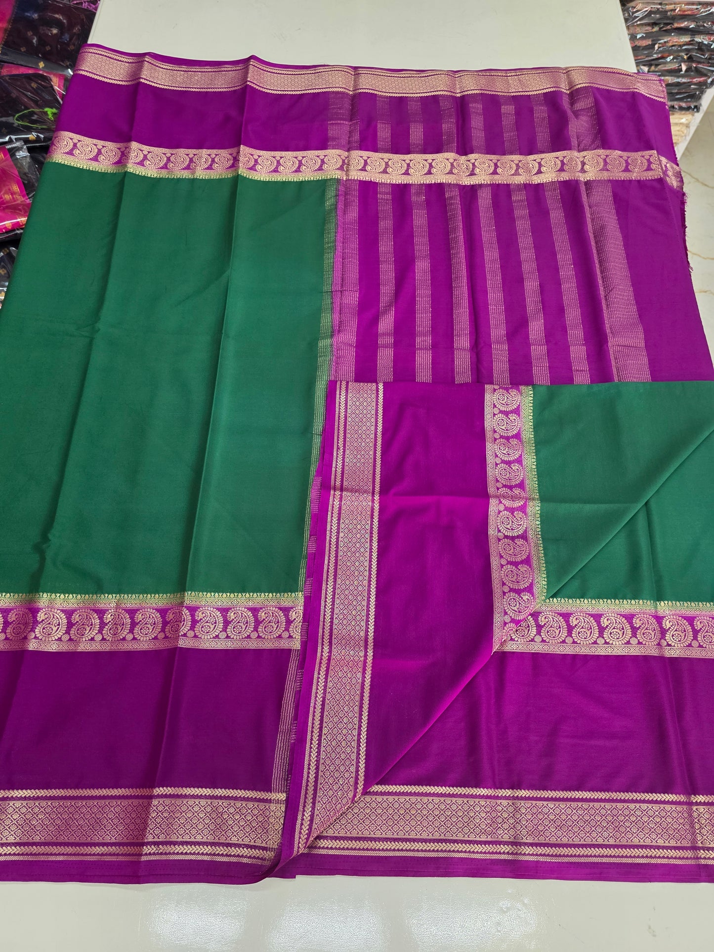 Semi Mysore Crepe (Premium, Contrast, Mango Big Bentex Border)