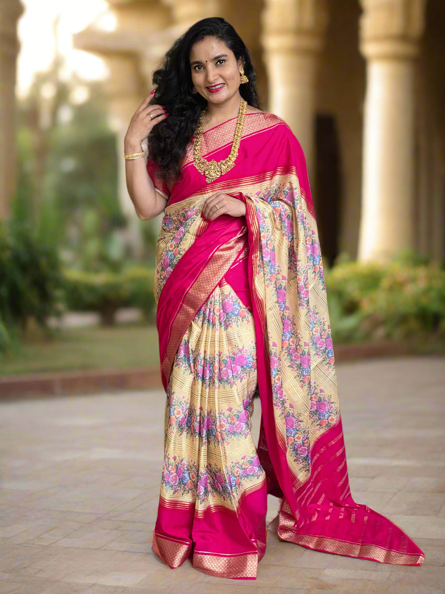 Semi Mysore Crepe (2D Contrast, Floral Digital Print)