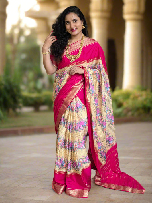 Semi Mysore Crepe (2D Contrast, Floral Digital Print)