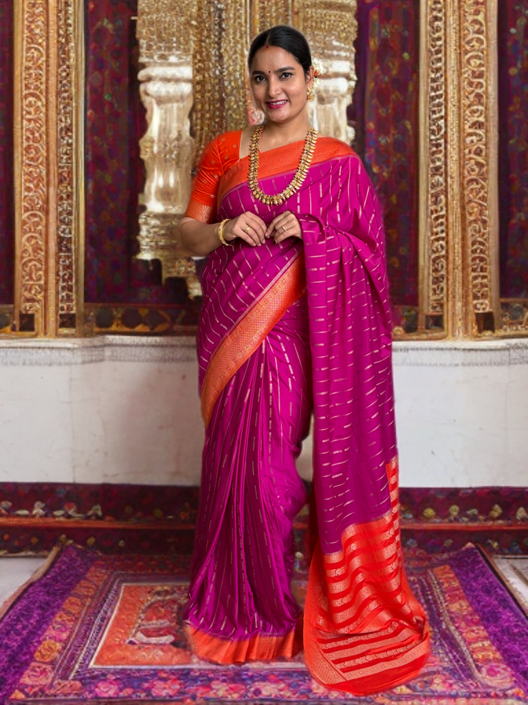 Semi Mysore Crepe (Premium, Vertical Weaves Grand Chit Pallu)