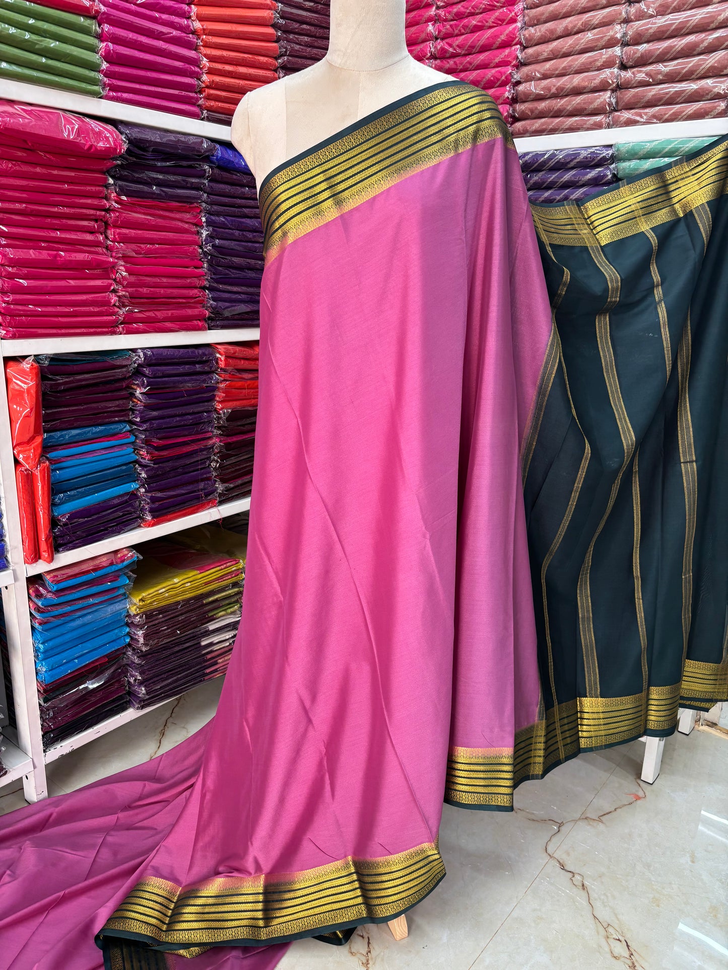 Semi Mysore Crepe ( Horizontal Gloden Stripes Border )