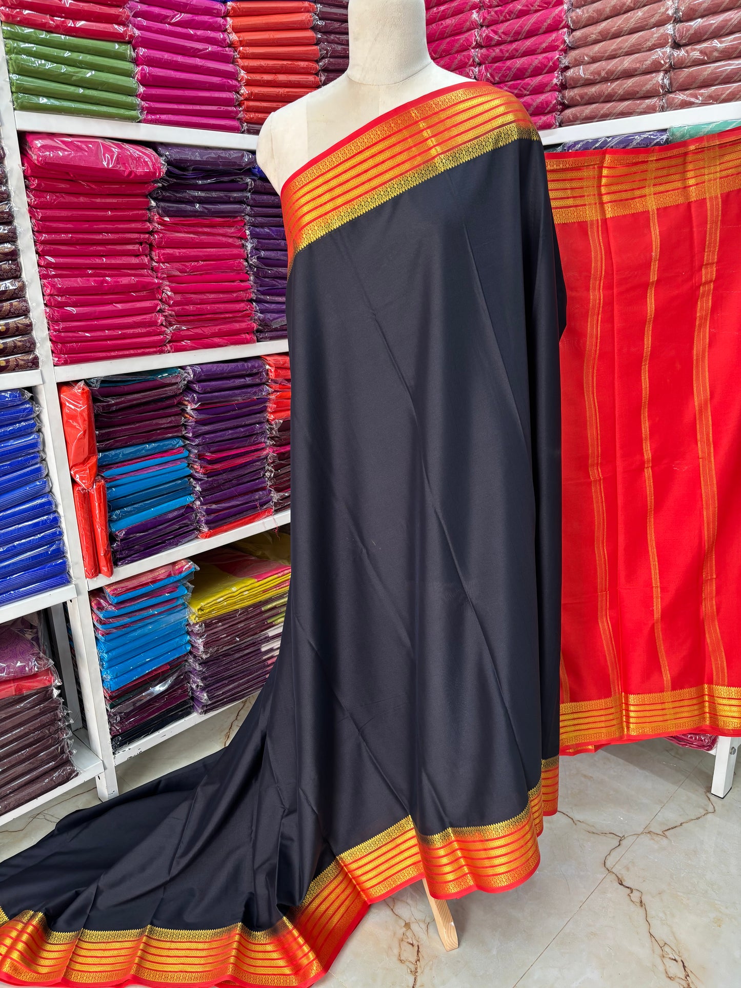 Semi Mysore Crepe ( Horizontal Gloden Stripes Border )