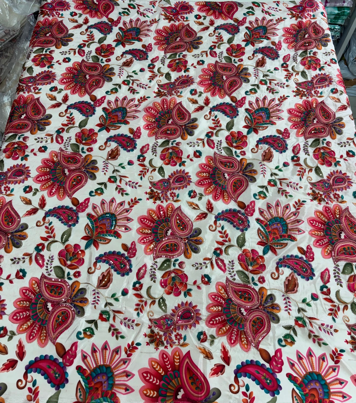 Art Crepe Blouse Fabric (HSSB12, Rich Floral Print with Heavy Positioning Work)