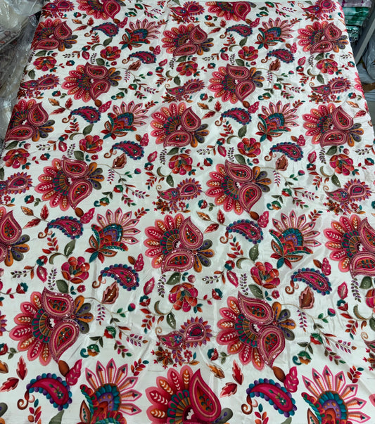 Art Crepe Blouse Fabric (HSSB12, Rich Floral Print with Heavy Positioning Work)