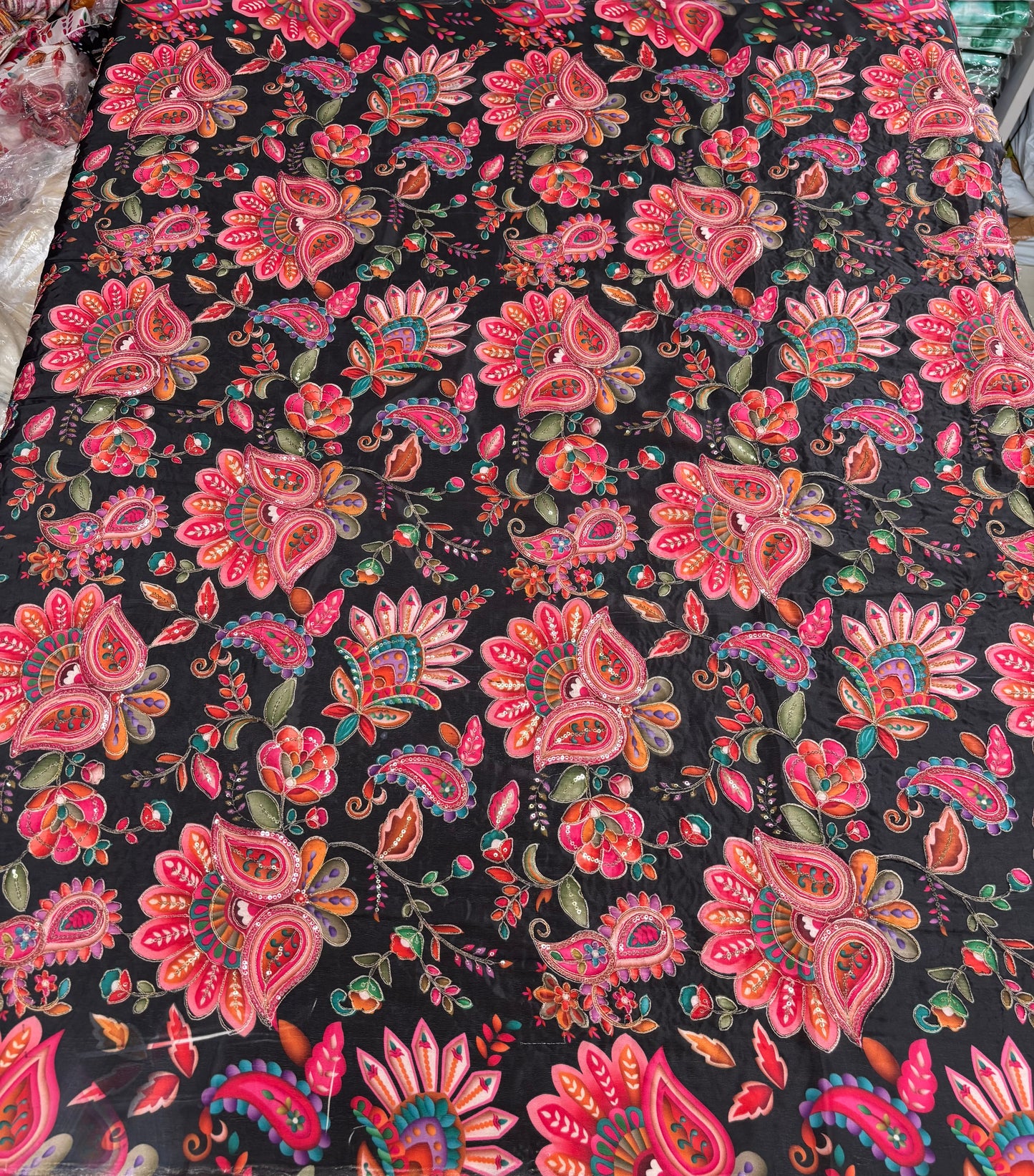 Art Crepe Blouse Fabric (HSSB12, Rich Floral Print with Heavy Positioning Work)