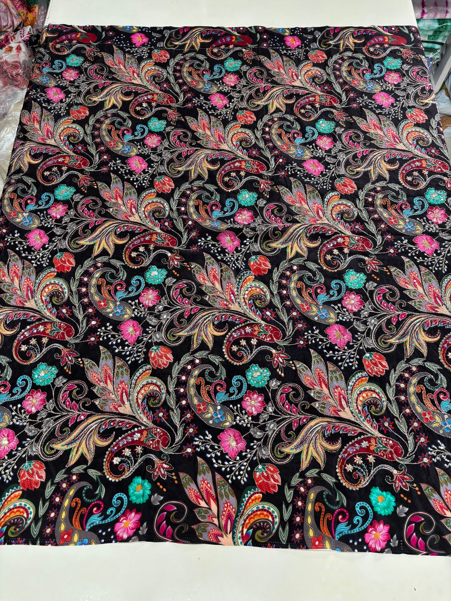 Kalamkari Blouse Fabric (HSSB11, Multicolour Floral Print with Heavy Positioning Work)