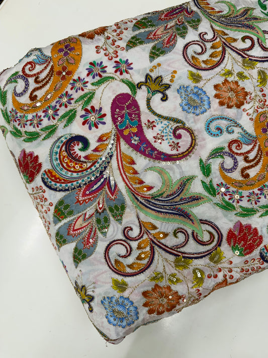 Kalamkari Blouse Fabric (HSSB11, Multicolour Floral Print with Heavy Positioning Work)