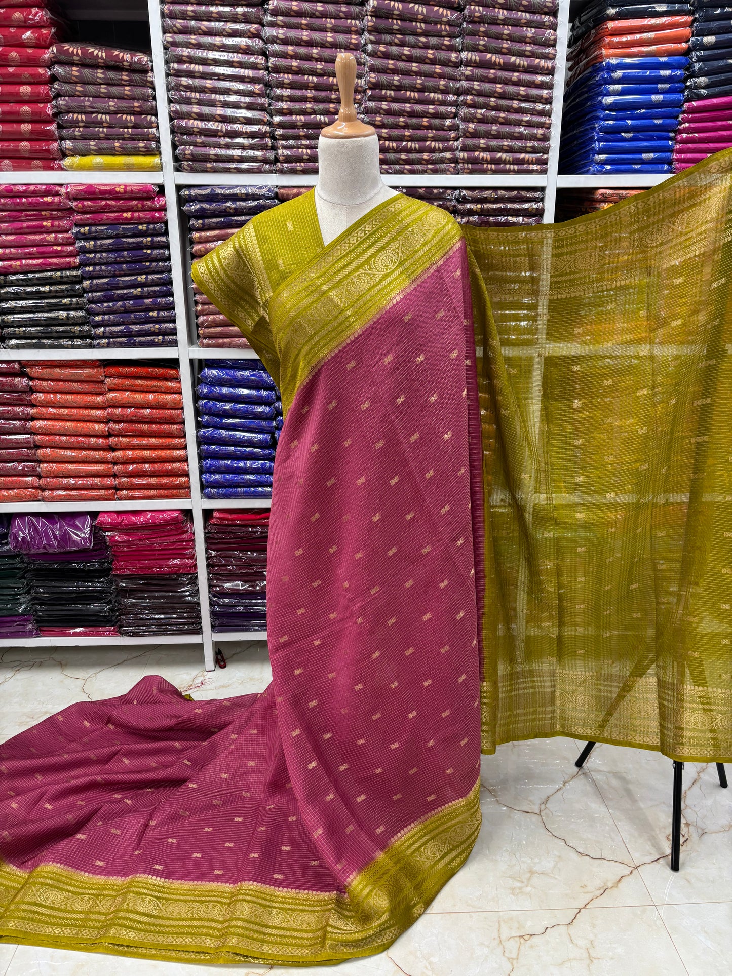 Semi Mysore Crepe (Checks and Butterfly Motifs)