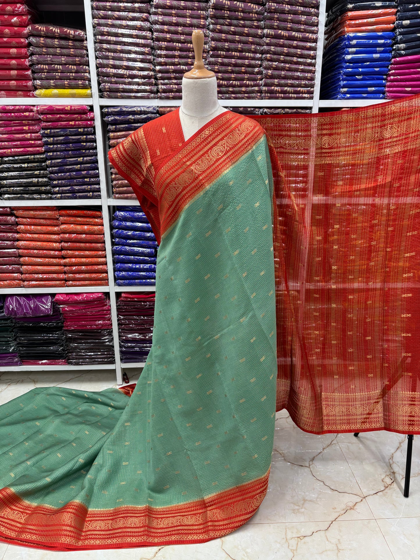 Semi Mysore Crepe (Checks and Butterfly Motifs)