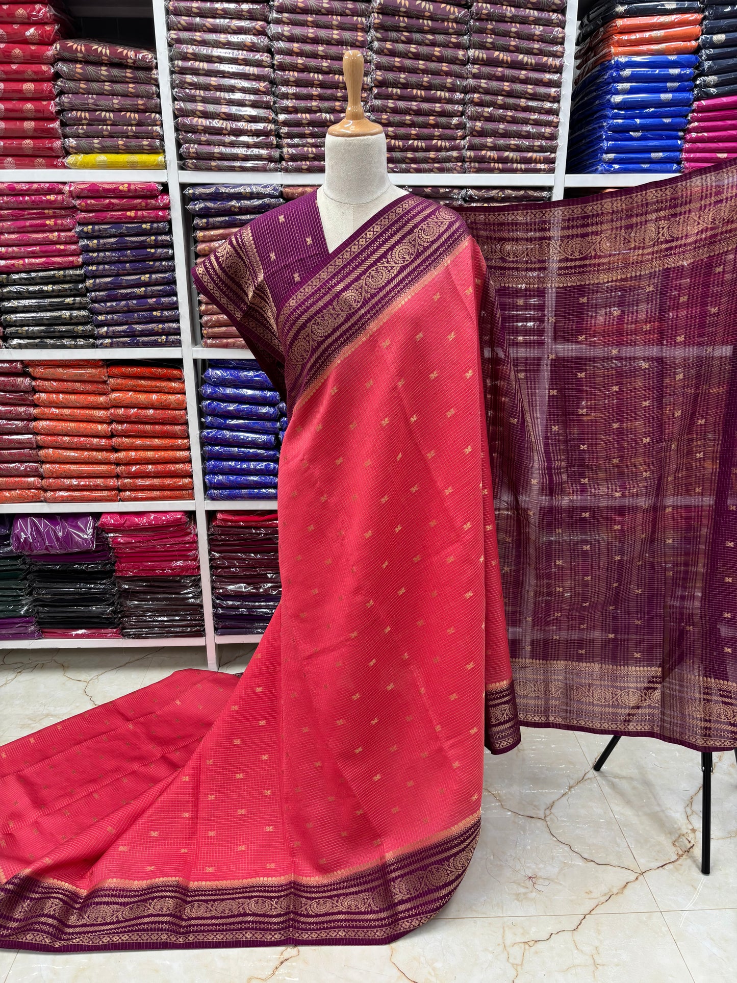 Semi Mysore Crepe (Checks and Butterfly Motifs)