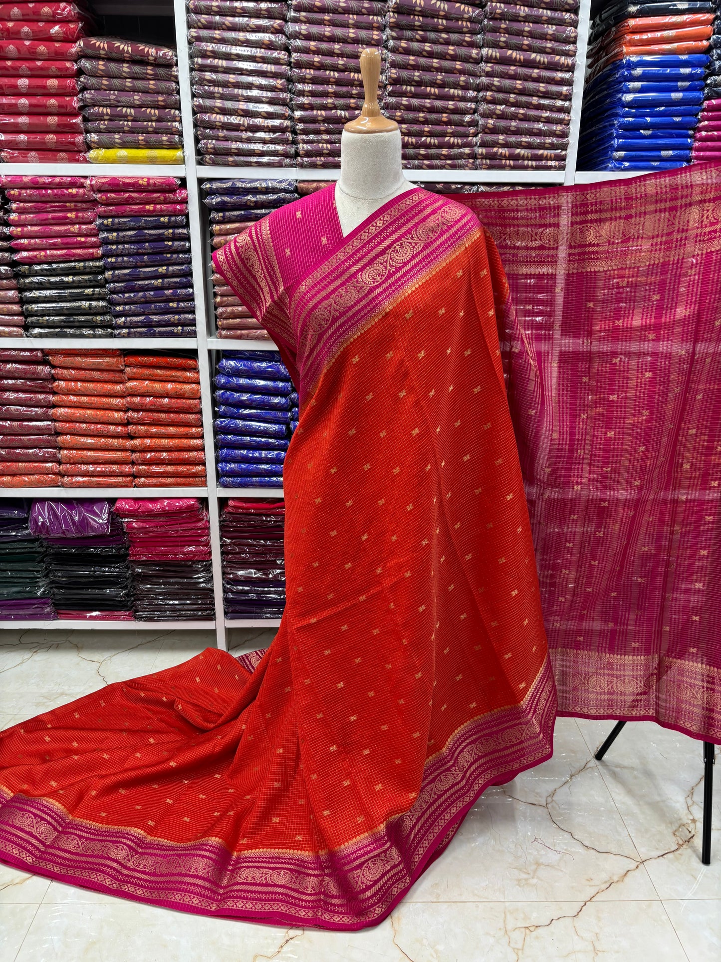 Semi Mysore Crepe (Checks and Butterfly Motifs)