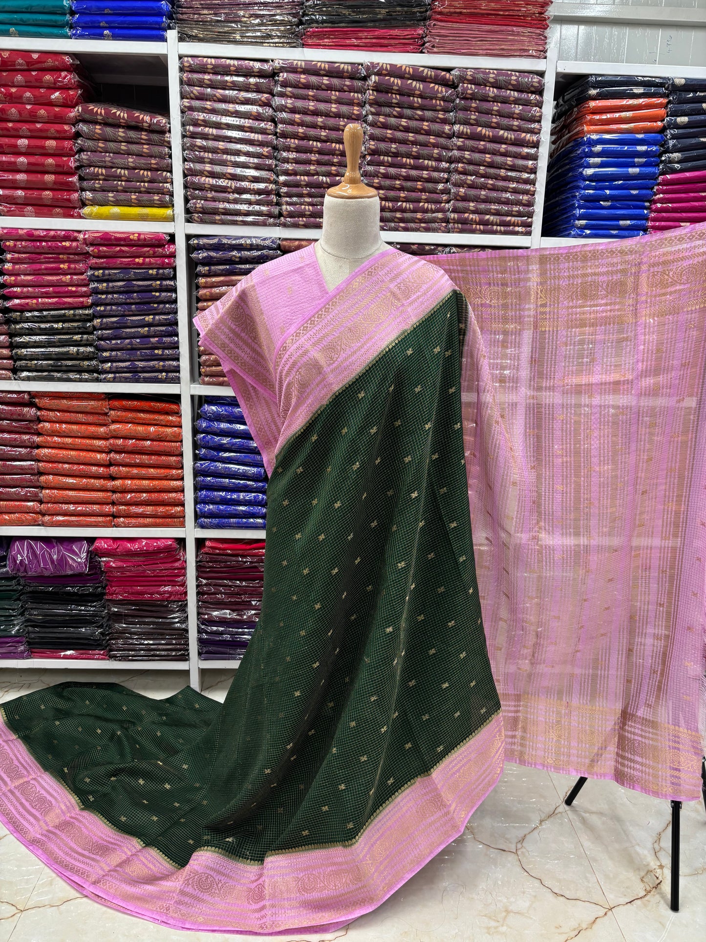 Semi Mysore Crepe (Checks and Butterfly Motifs)