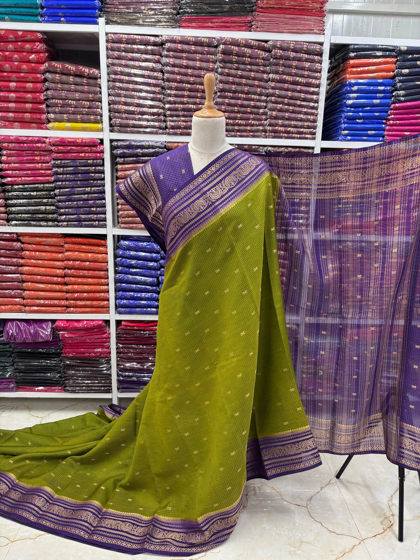 Semi Mysore Crepe (Checks and Butterfly Motifs)