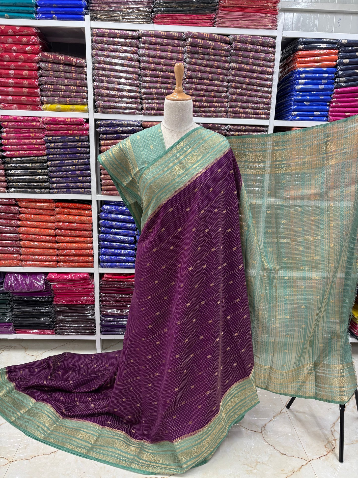 Semi Mysore Crepe (Checks and Butterfly Motifs)