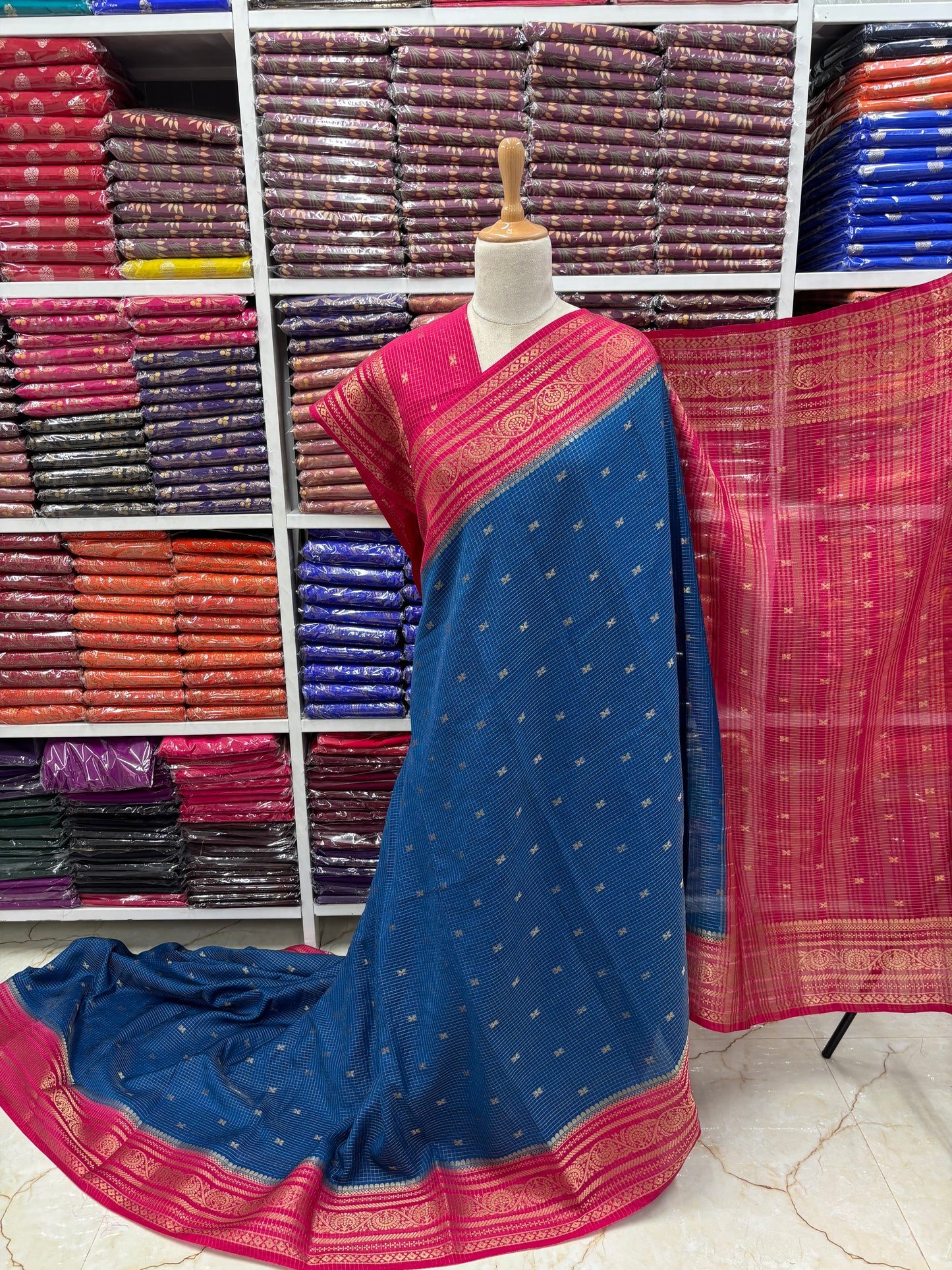 Semi Mysore Crepe (Checks and Butterfly Motifs)