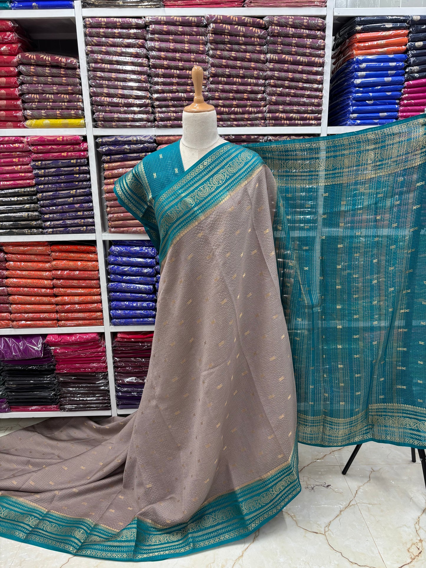 Semi Mysore Crepe (Checks and Butterfly Motifs)