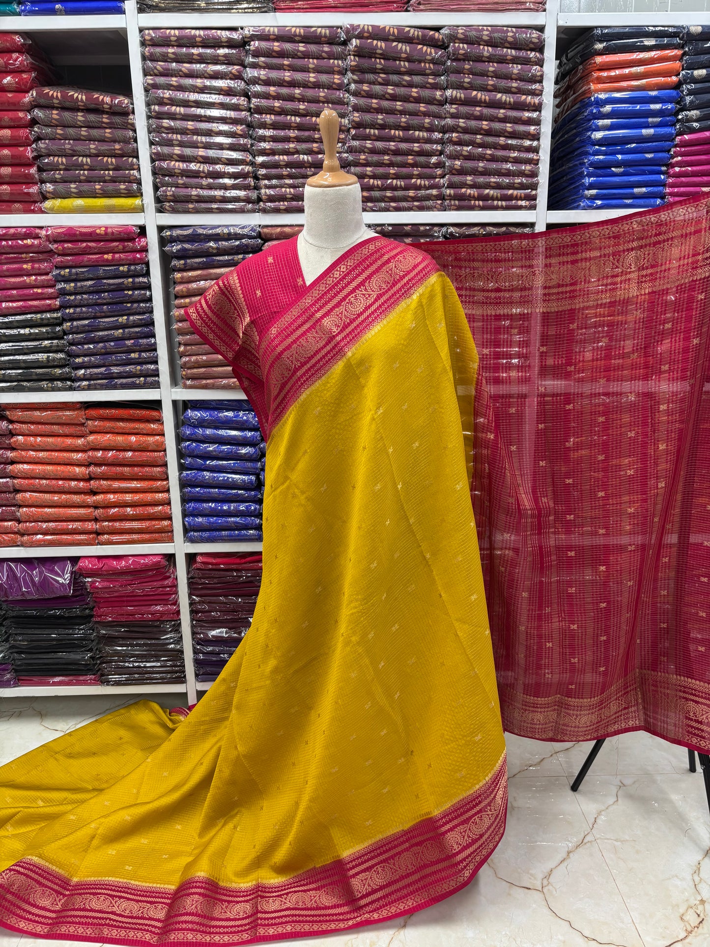 Semi Mysore Crepe (Checks and Butterfly Motifs)