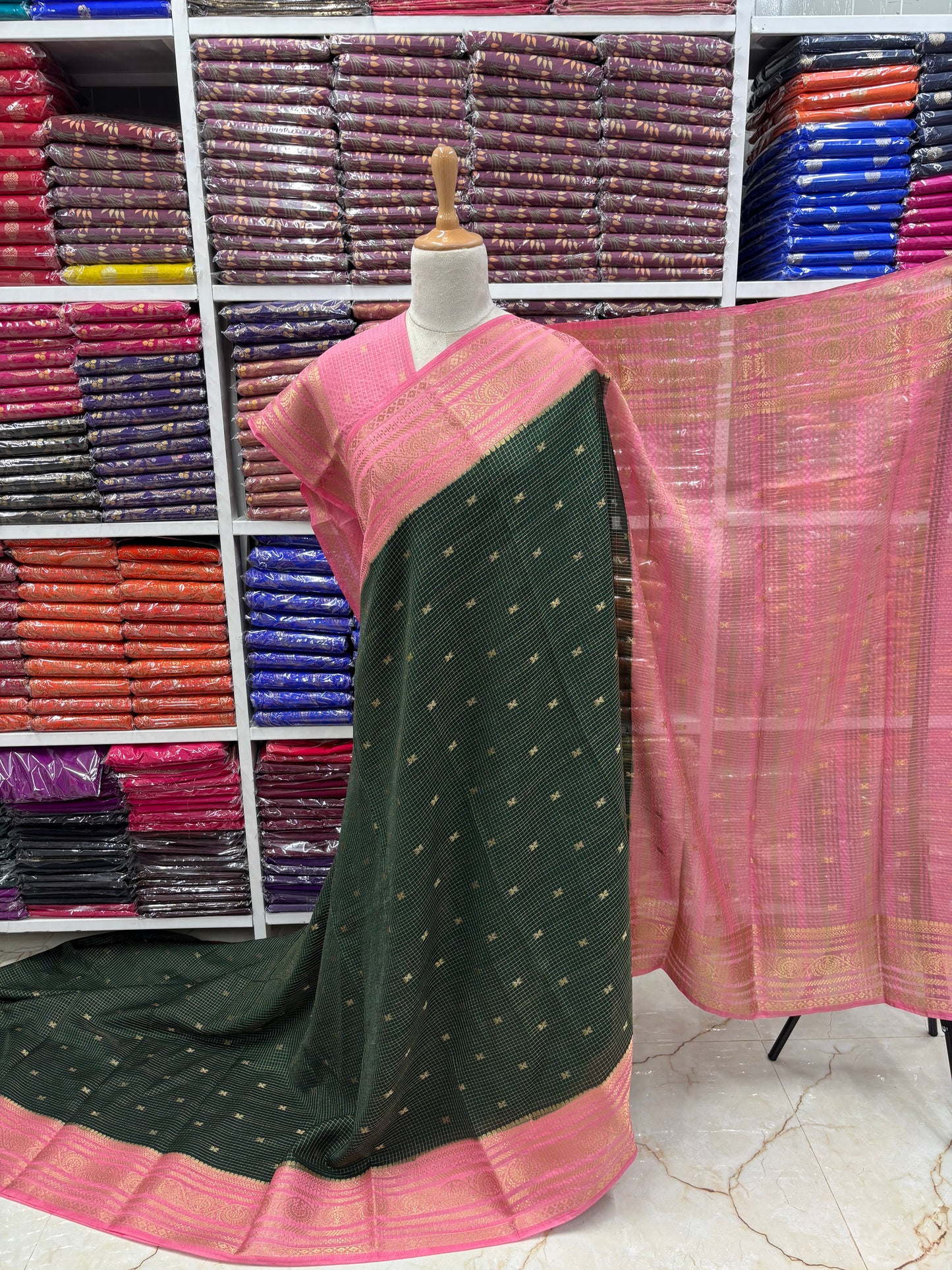 Semi Mysore Crepe (Checks and Butterfly Motifs)