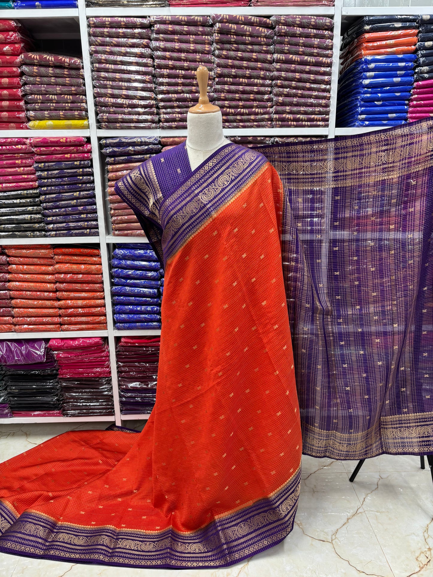 Semi Mysore Crepe (Checks and Butterfly Motifs)