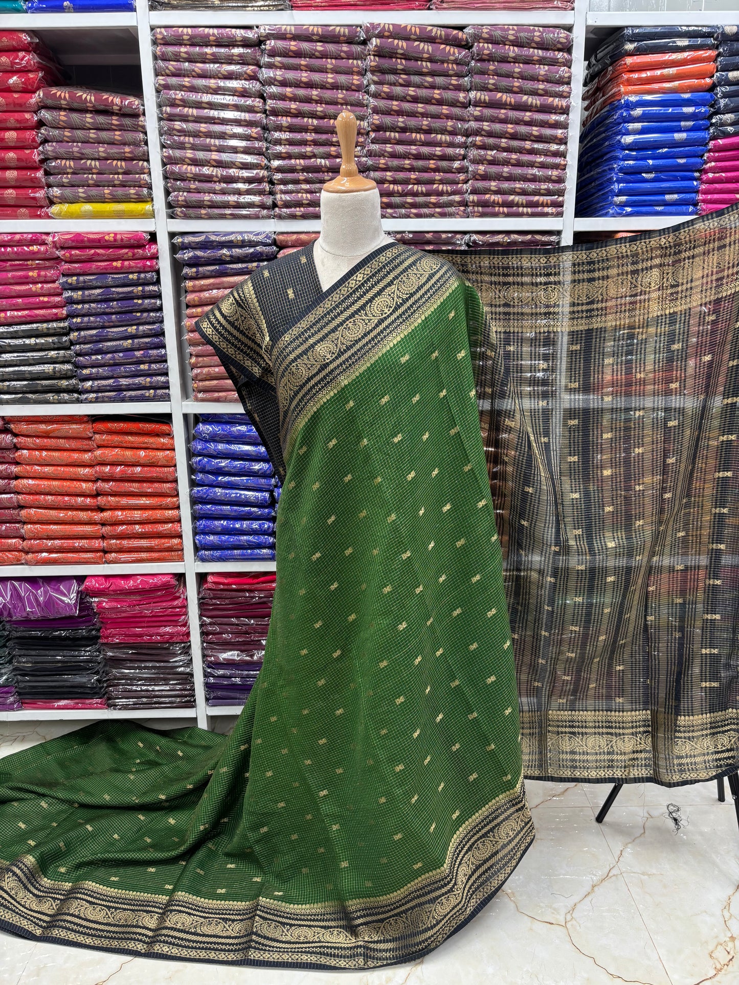 Semi Mysore Crepe (Checks and Butterfly Motifs)