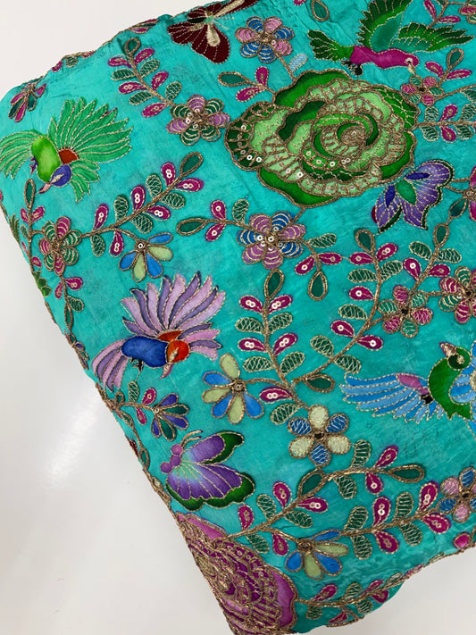 Kalamkari Blouse Fabric (HSSB17, Roses and Birds Print with Heavy Positioning Work)