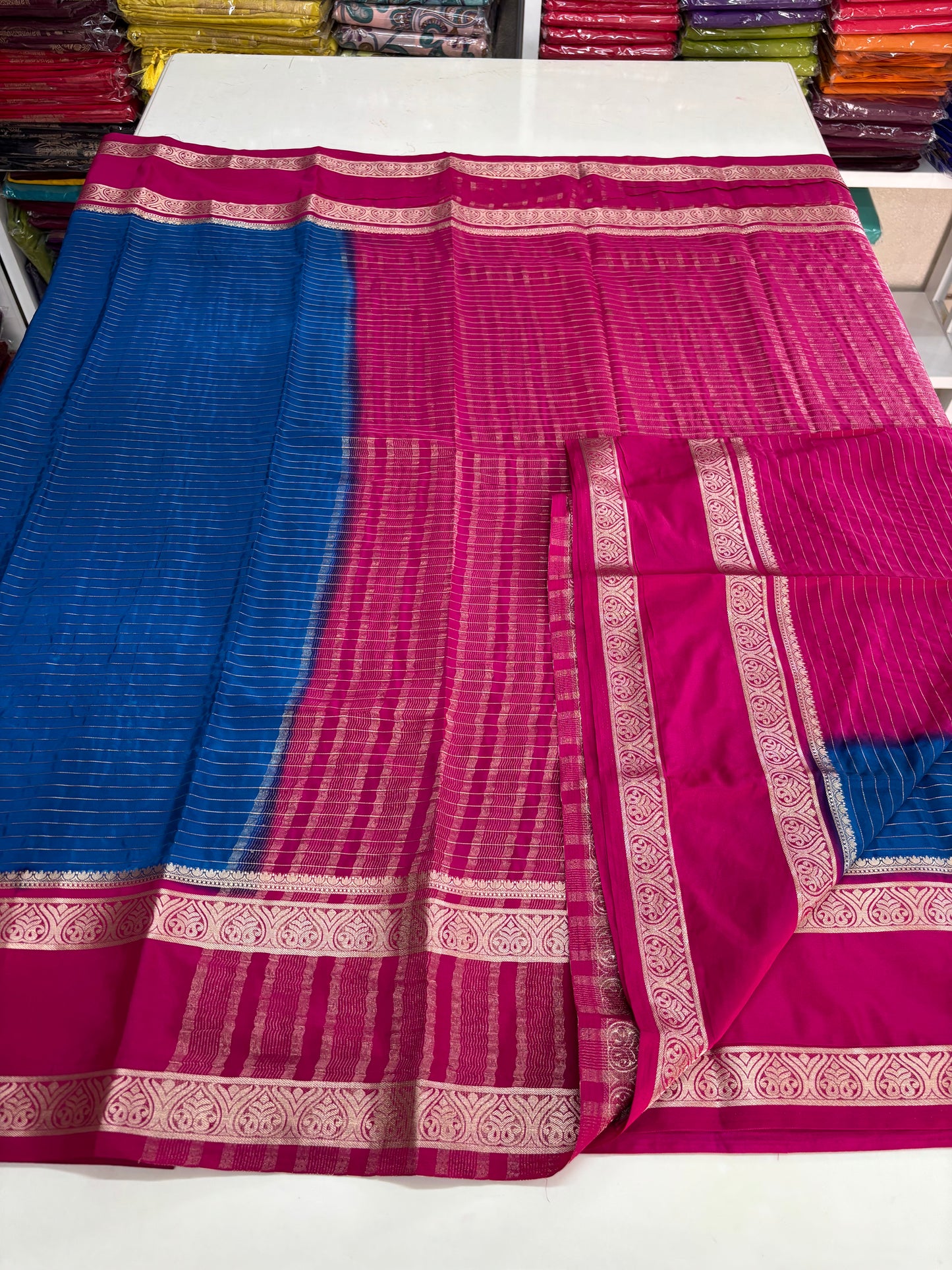Semi Mysore Crepe (Premium, Horizontal Lines with Leaves Bentex Border)
