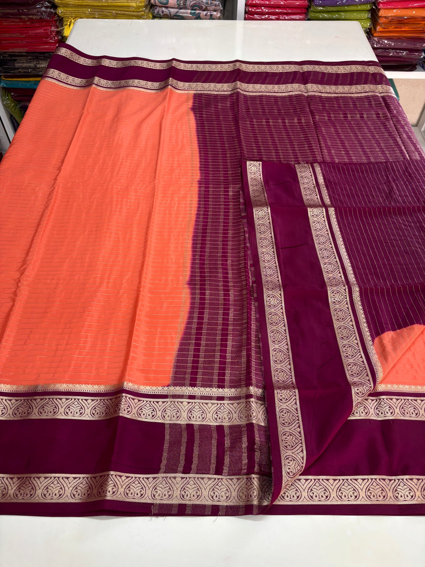 Semi Mysore Crepe (Premium, Horizontal Lines with Leaves Bentex Border)