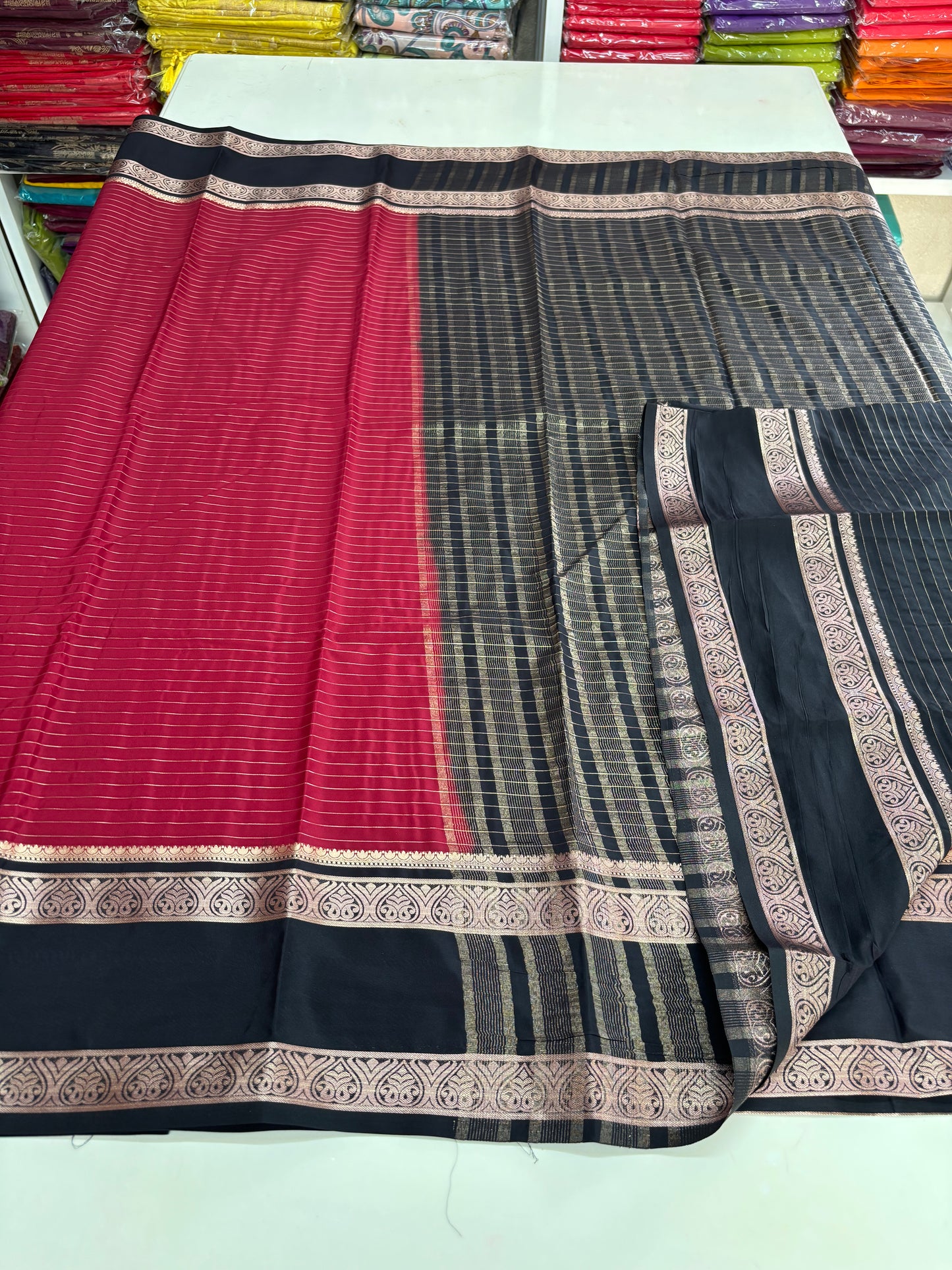 Semi Mysore Crepe (Premium, Horizontal Lines with Leaves Bentex Border)