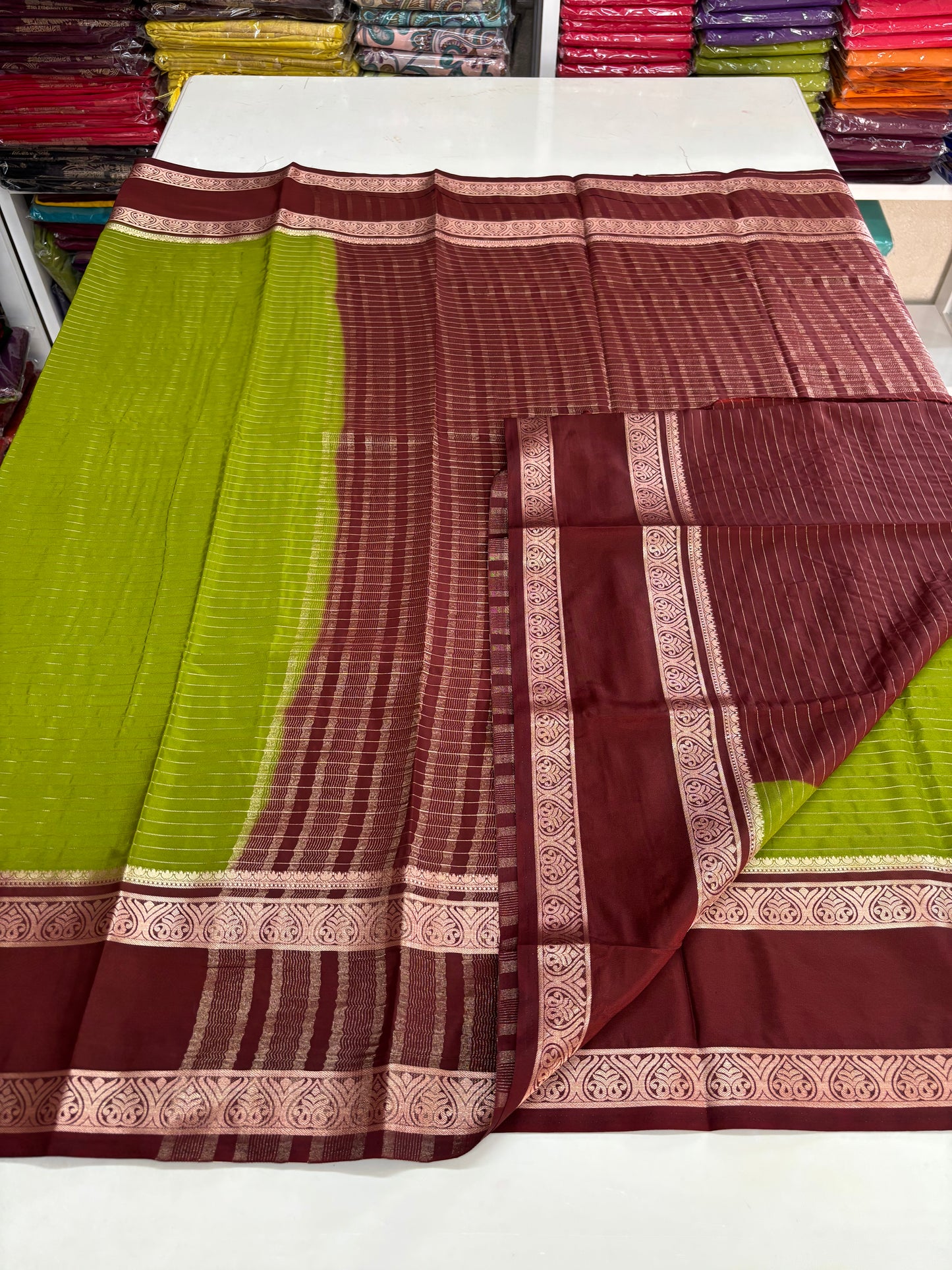 Semi Mysore Crepe (Premium, Horizontal Lines with Leaves Bentex Border)