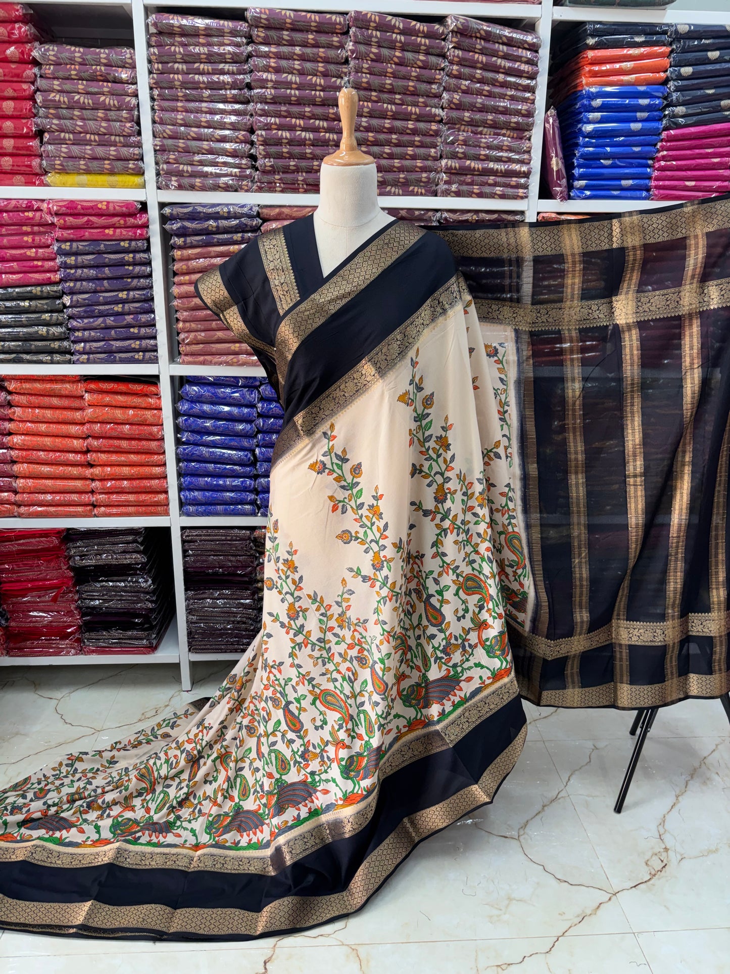 Semi Mysore Crepe (Peacock Kalamkari Print)