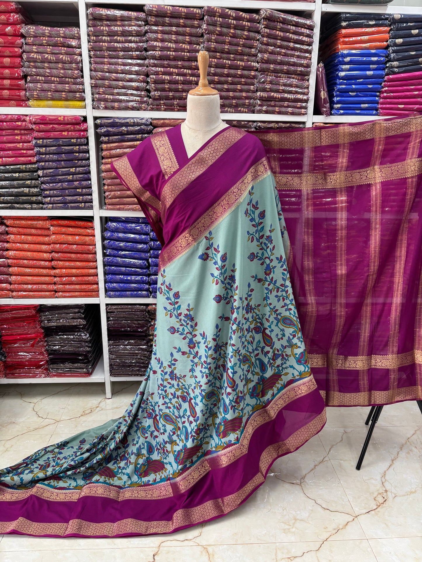 Semi Mysore Crepe (Peacock Kalamkari Print)