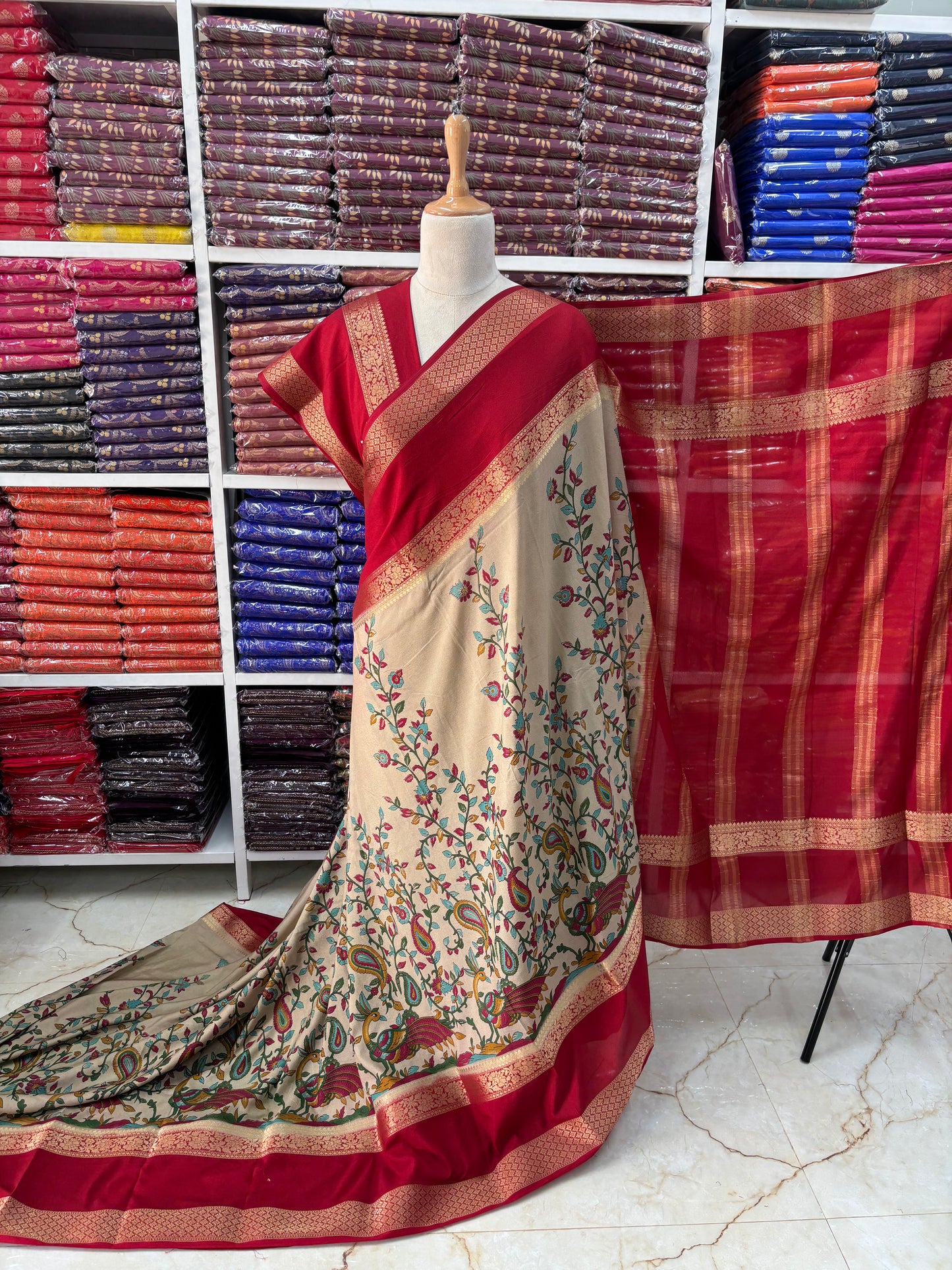 Semi Mysore Crepe (Peacock Kalamkari Print)