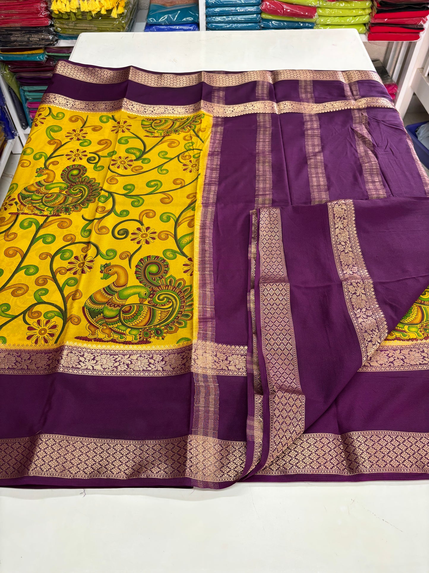 Semi Mysore Crepe (Double Peacock Kalamkari Print)