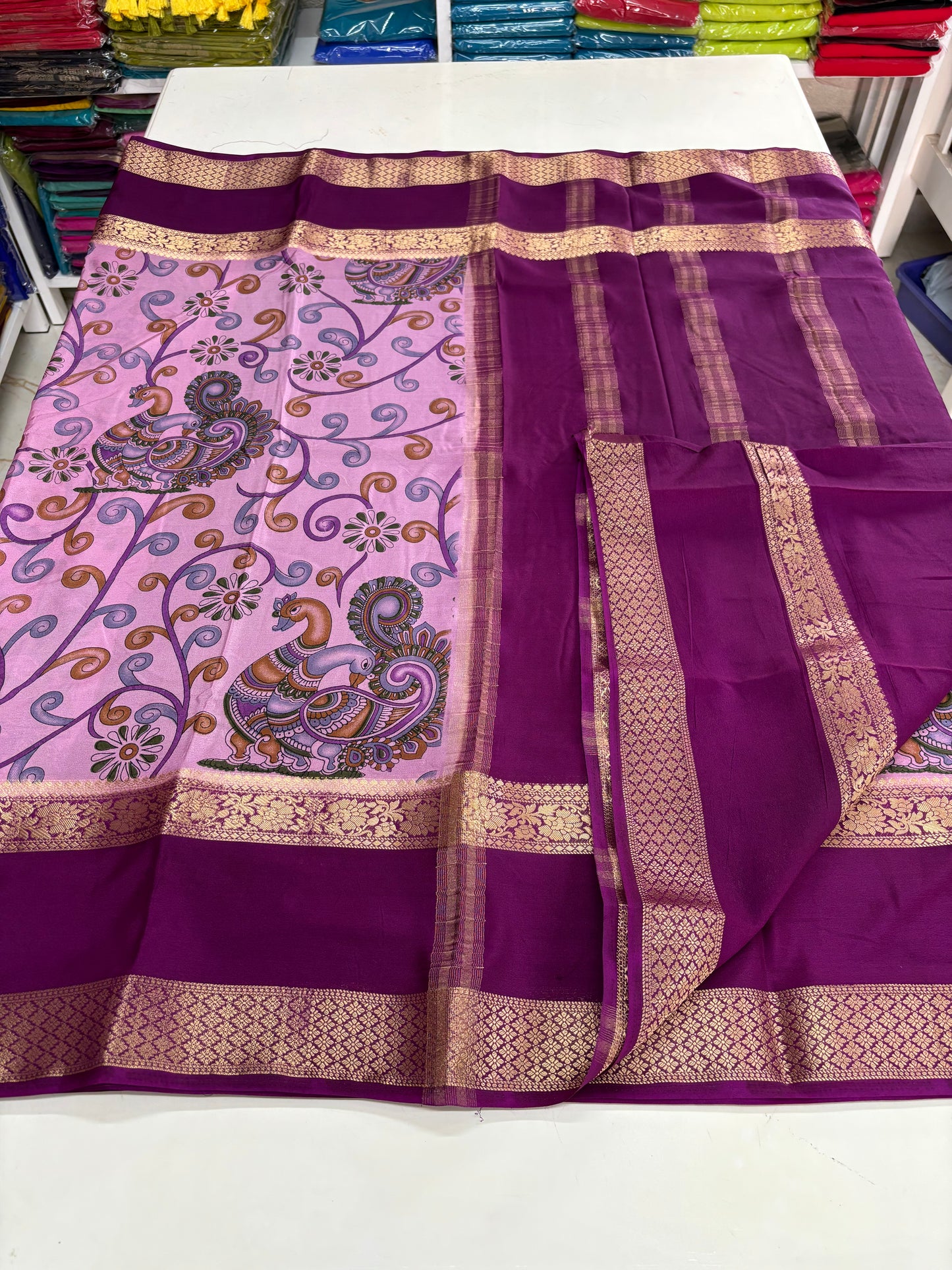 Semi Mysore Crepe (Double Peacock Kalamkari Print)