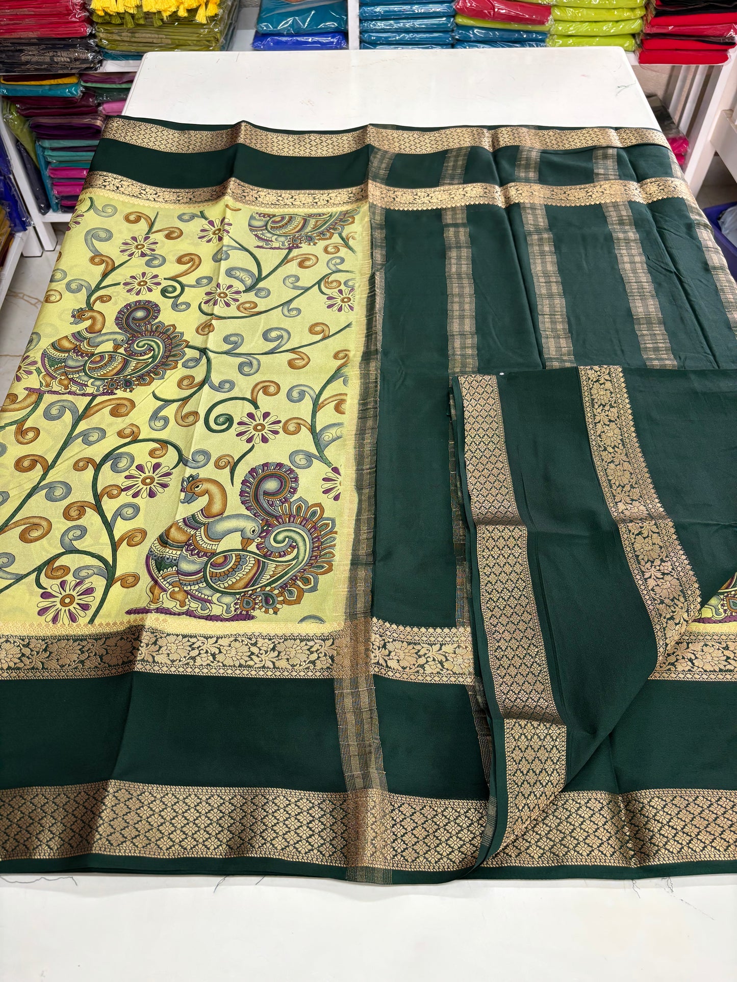 Semi Mysore Crepe (Double Peacock Kalamkari Print)