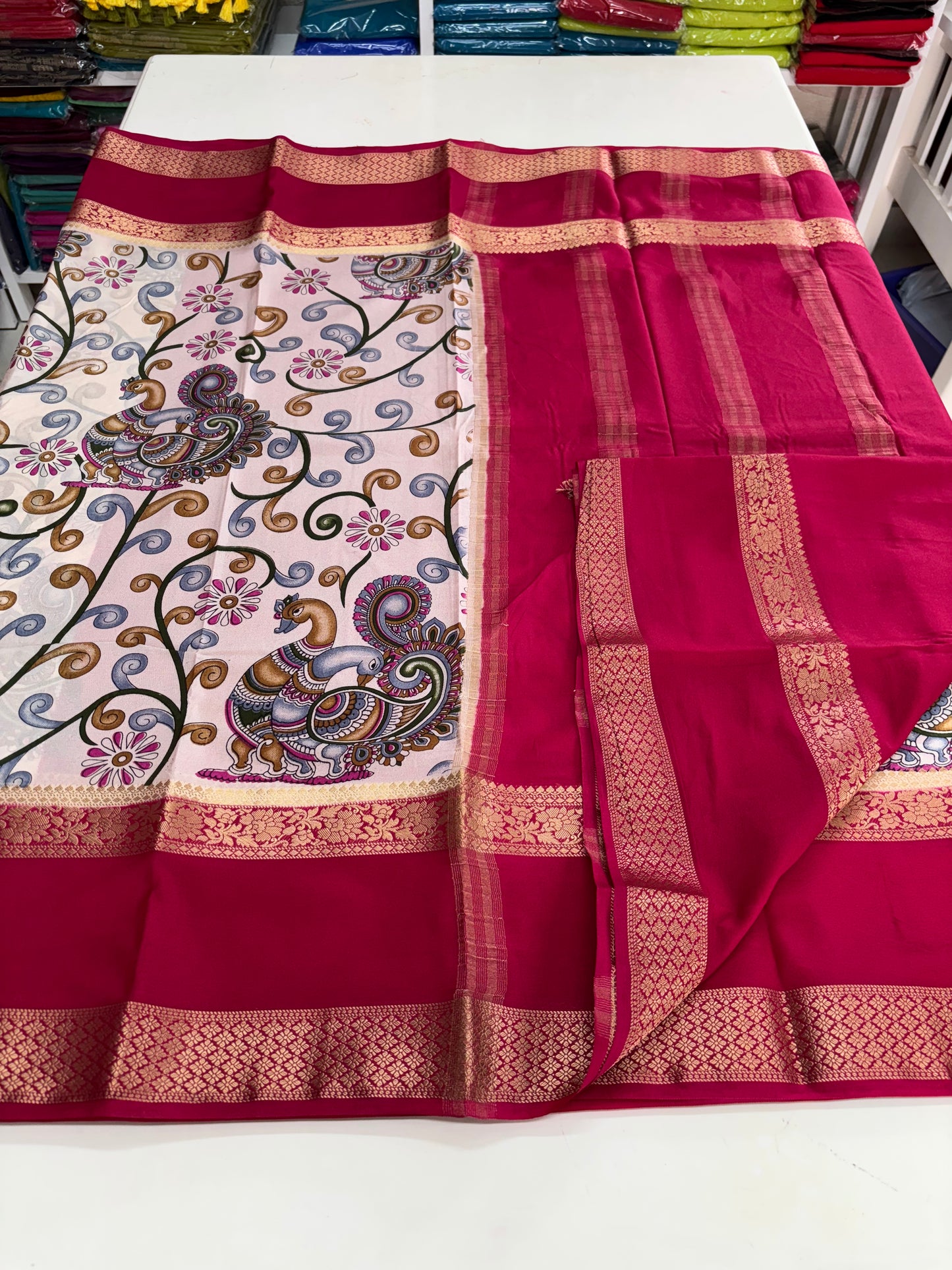 Semi Mysore Crepe (Double Peacock Kalamkari Print)
