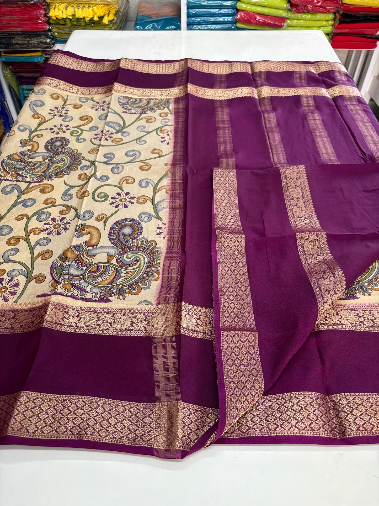 Semi Mysore Crepe (Double Peacock Kalamkari Print)