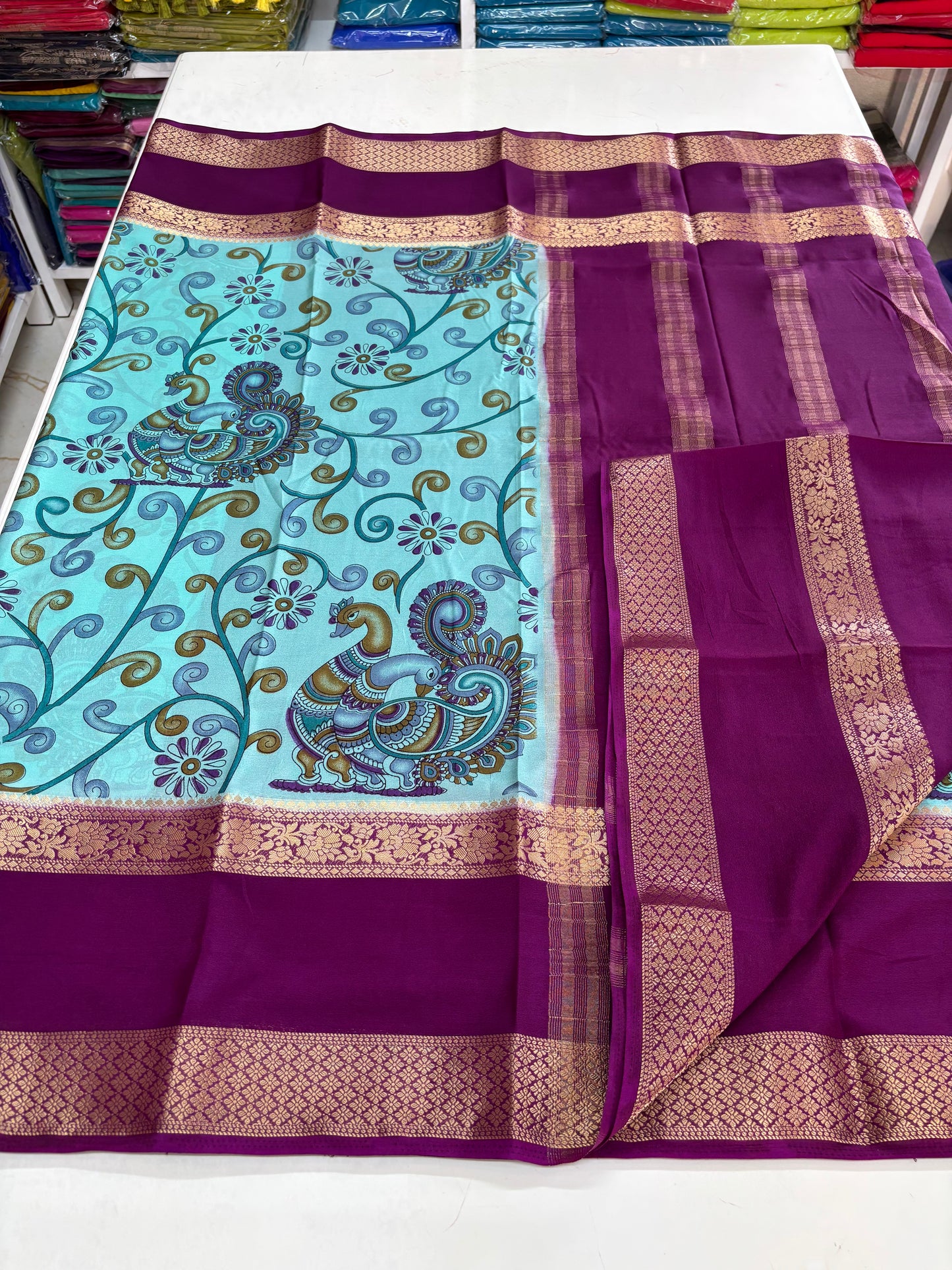 Semi Mysore Crepe (Double Peacock Kalamkari Print)