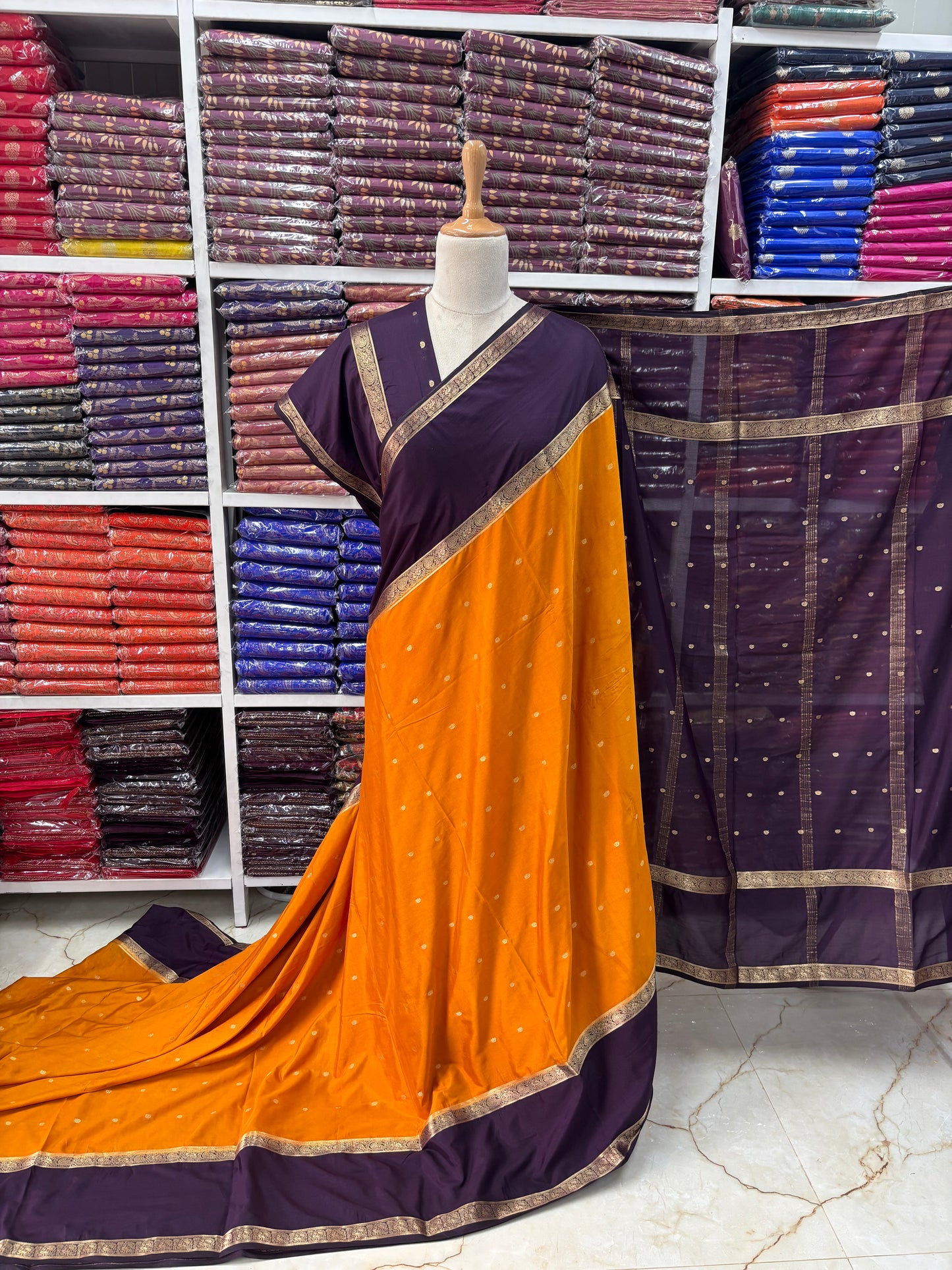 Semi Mysore Crepe (Peacock and Mango Bentex Border)