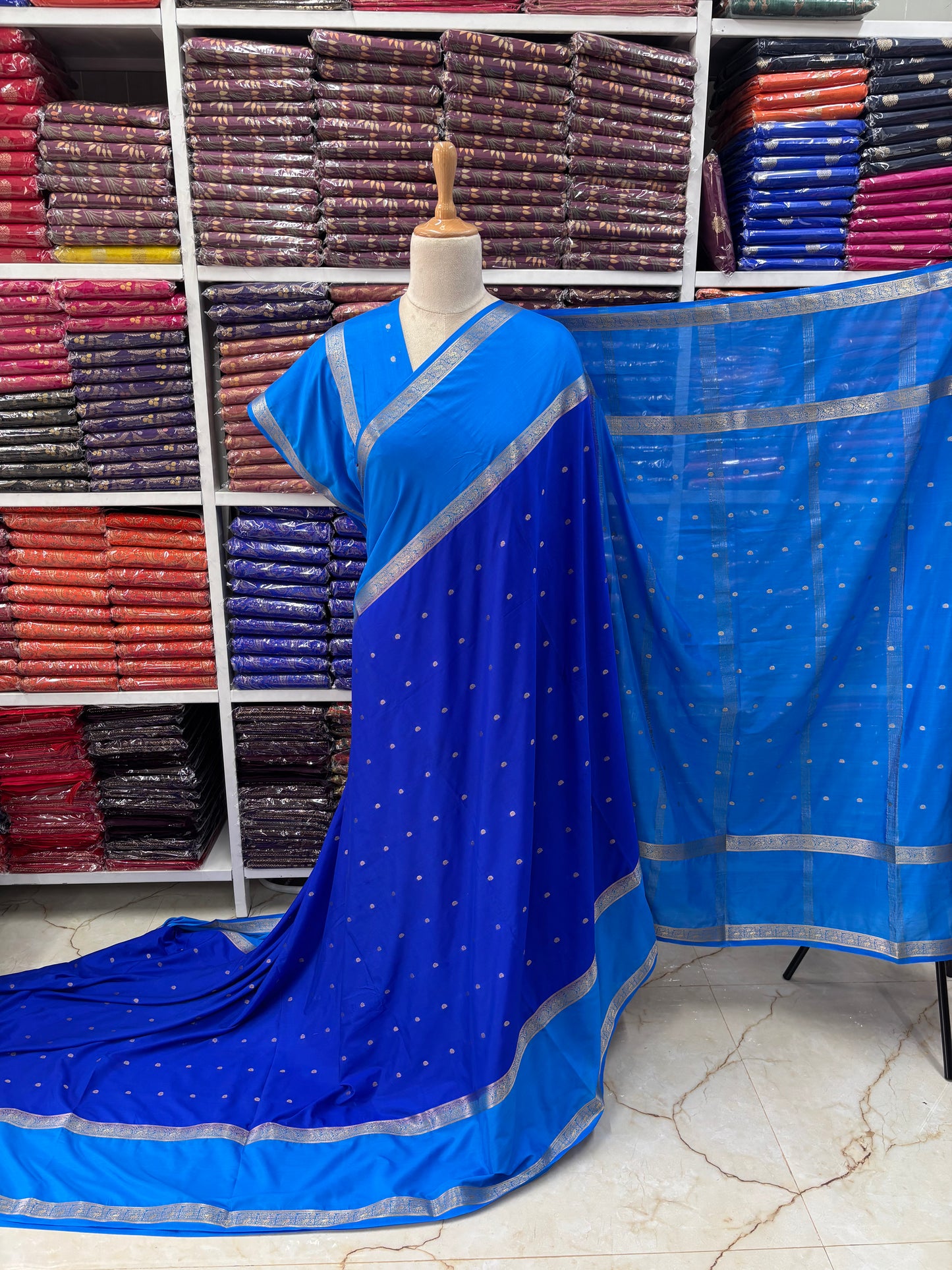 Semi Mysore Crepe (Peacock and Mango Bentex Border)