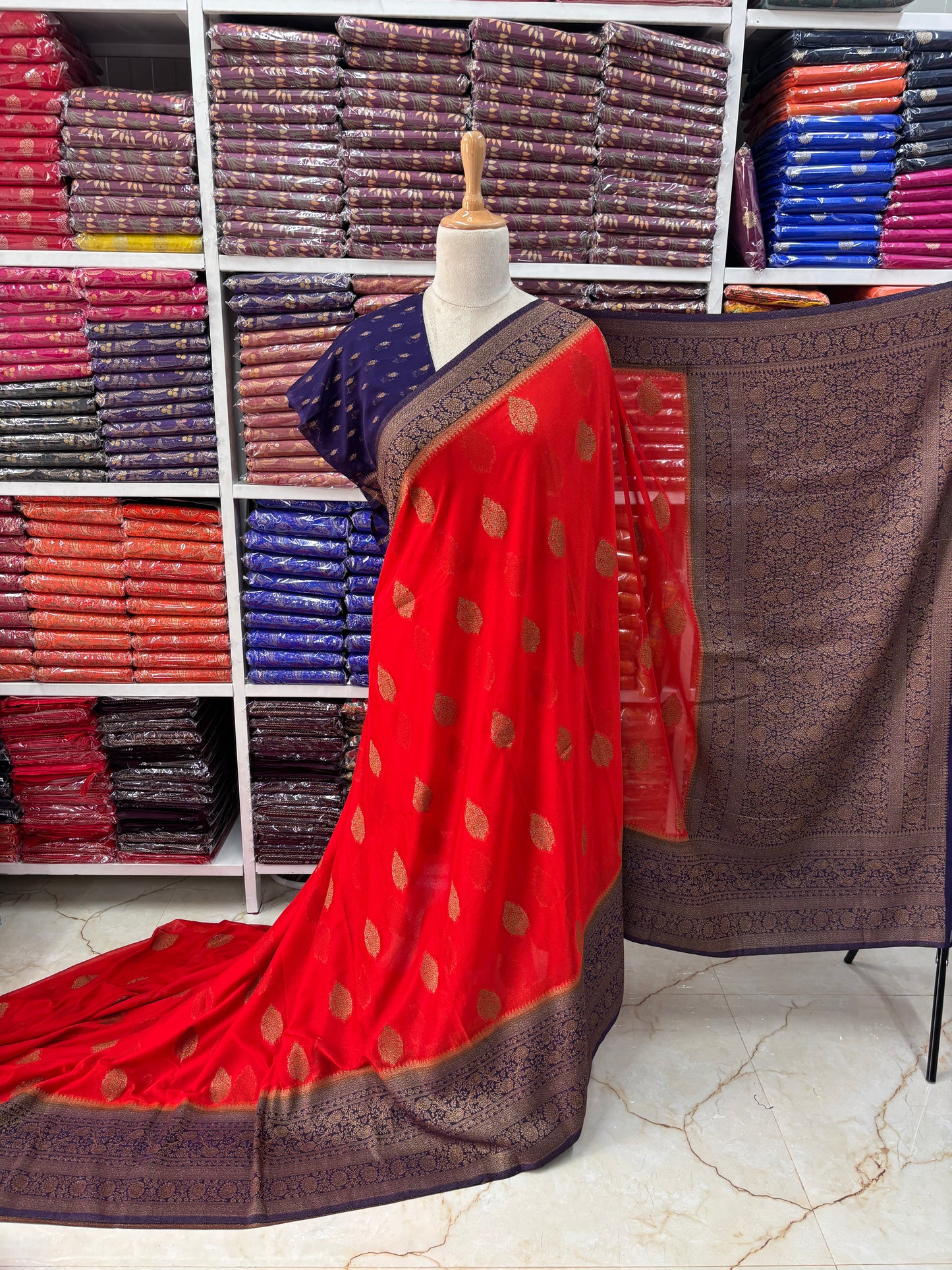 Banarasi Khaddi Georgette (Neem Zari Motifs and Rich Pallu)
