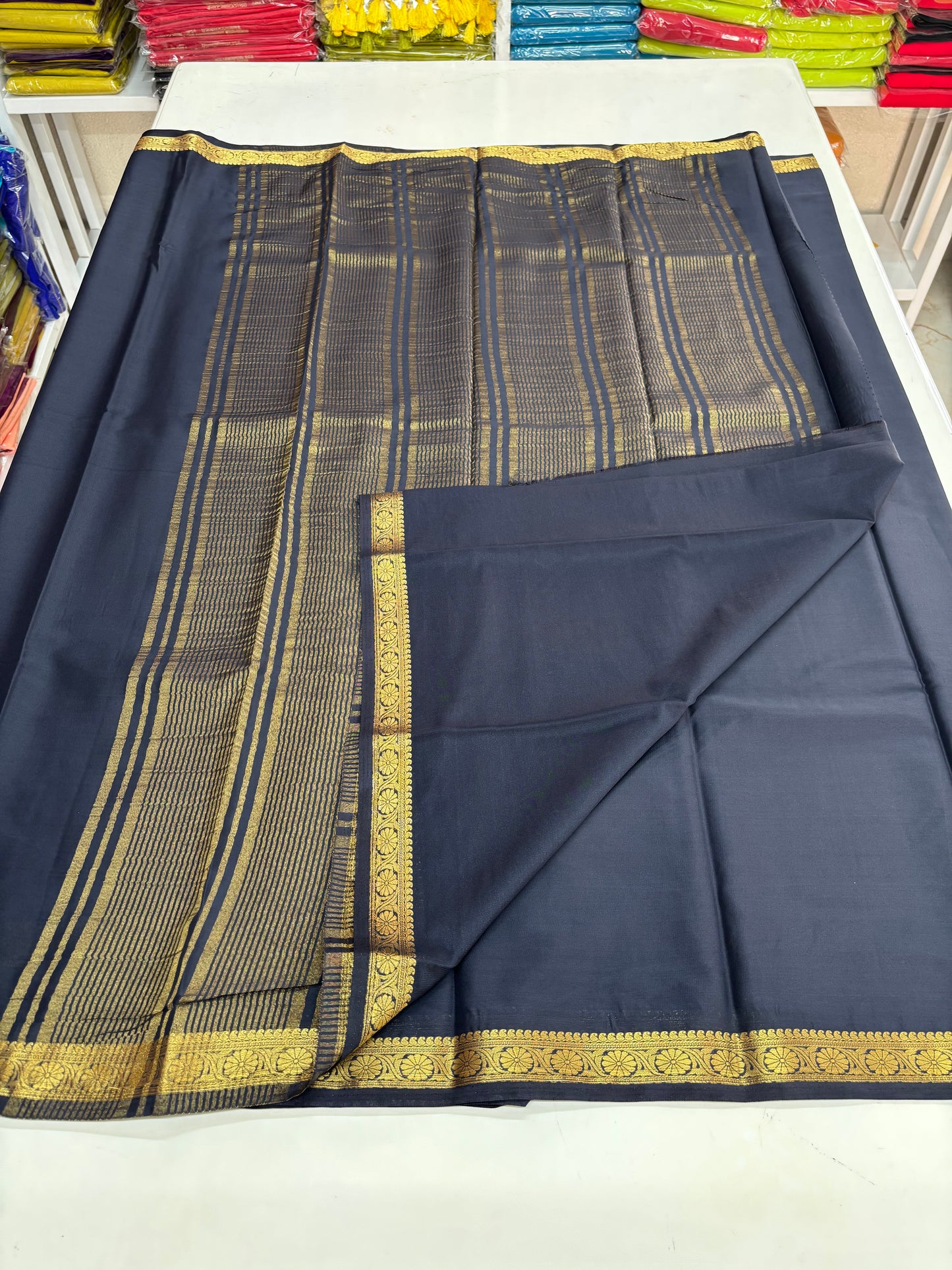 Semi Mysore Crepe (Self, 1 inch Floral Border)