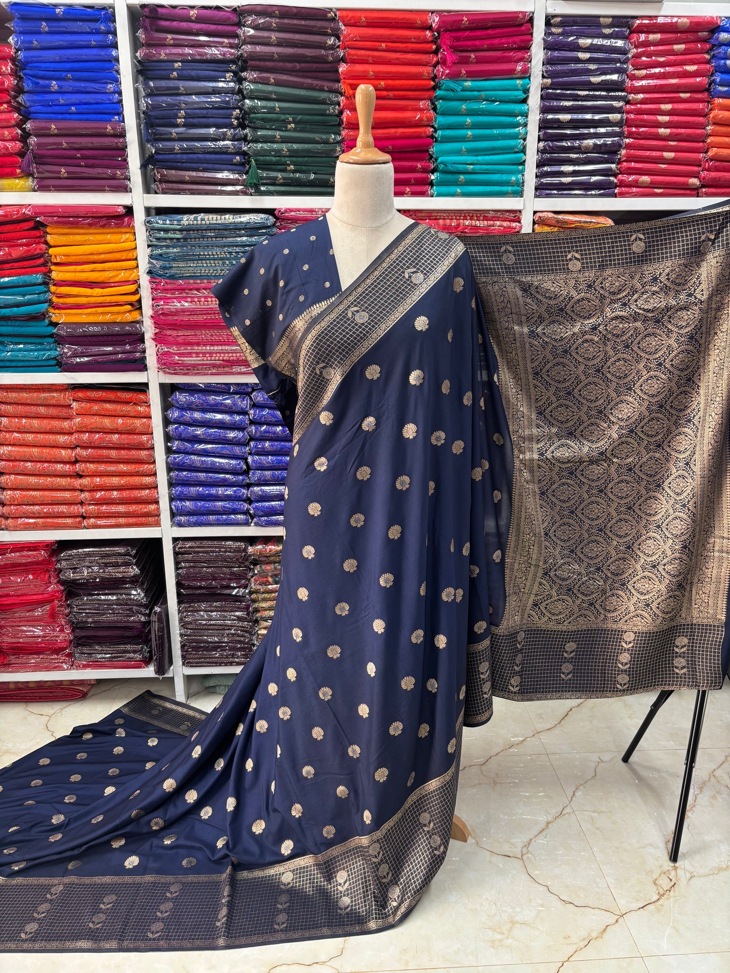Banarasi Crepe (Floral Motifs and Checks Border)